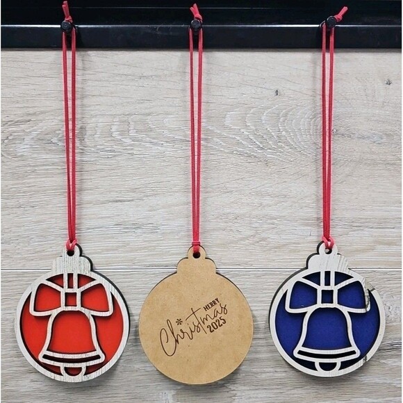 3 - 3.5" Wooden 2025 Merry Christmas Ornament Laser Engraved/Hand Painted Bells - Picture 1 of 8